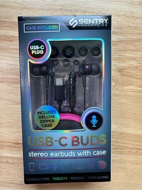 USB-C buds Stereo Earbuds in Black with Pink Accents with pink case sentry